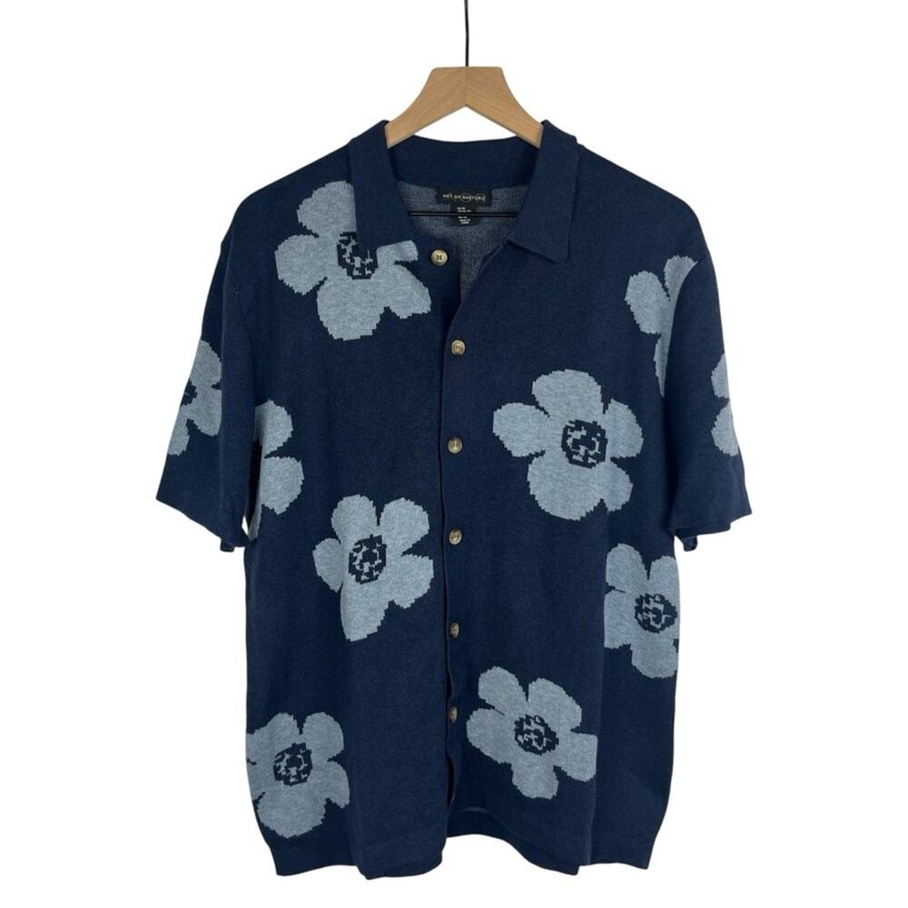 ART OF RHETORIC Knit Cabana Shirt Mens Blue Floral XL Button Up Retro Grandpa